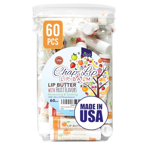 CHAP-LIP Lip Balm 60 Ct. with Fruit Flavors, Cocoa Butter, Coconut Oil. Moisturizing Vitamin E & Total Hydration Treatment & Soothing Lip Therapy Made in USA