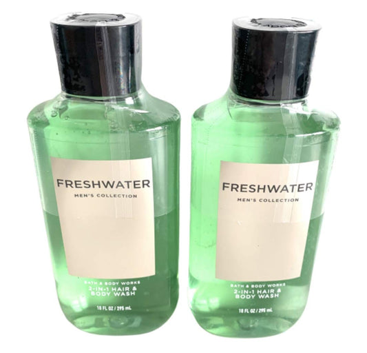 Bath and Body Works Men's Collection Freshwater 2 in 1 Hair and Body Wash 10 Oz. 2 Set.