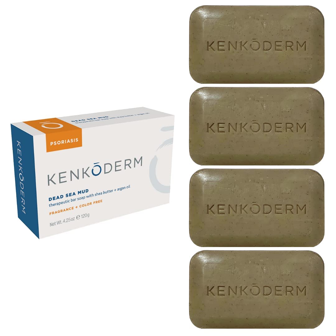 Kenkoderm Psoriasis Dead Sea Mud Soap with Argan Oil & Shea Butter 4.25 oz | 4 Bars | Dermatologist Developed | Fragrance + Color Free | Eczema, Psoriasis and Rosacea