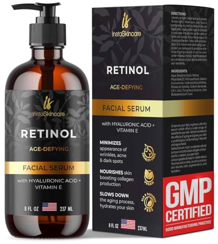 Retinol Serum for Face with Hyaluronic Acid + Vitamin E and A + Aloe Vera (8Oz) - Anti-Aging Serum Pore Tightener Fade Dark Spots Clinical Strength Formula by InstaSkincare