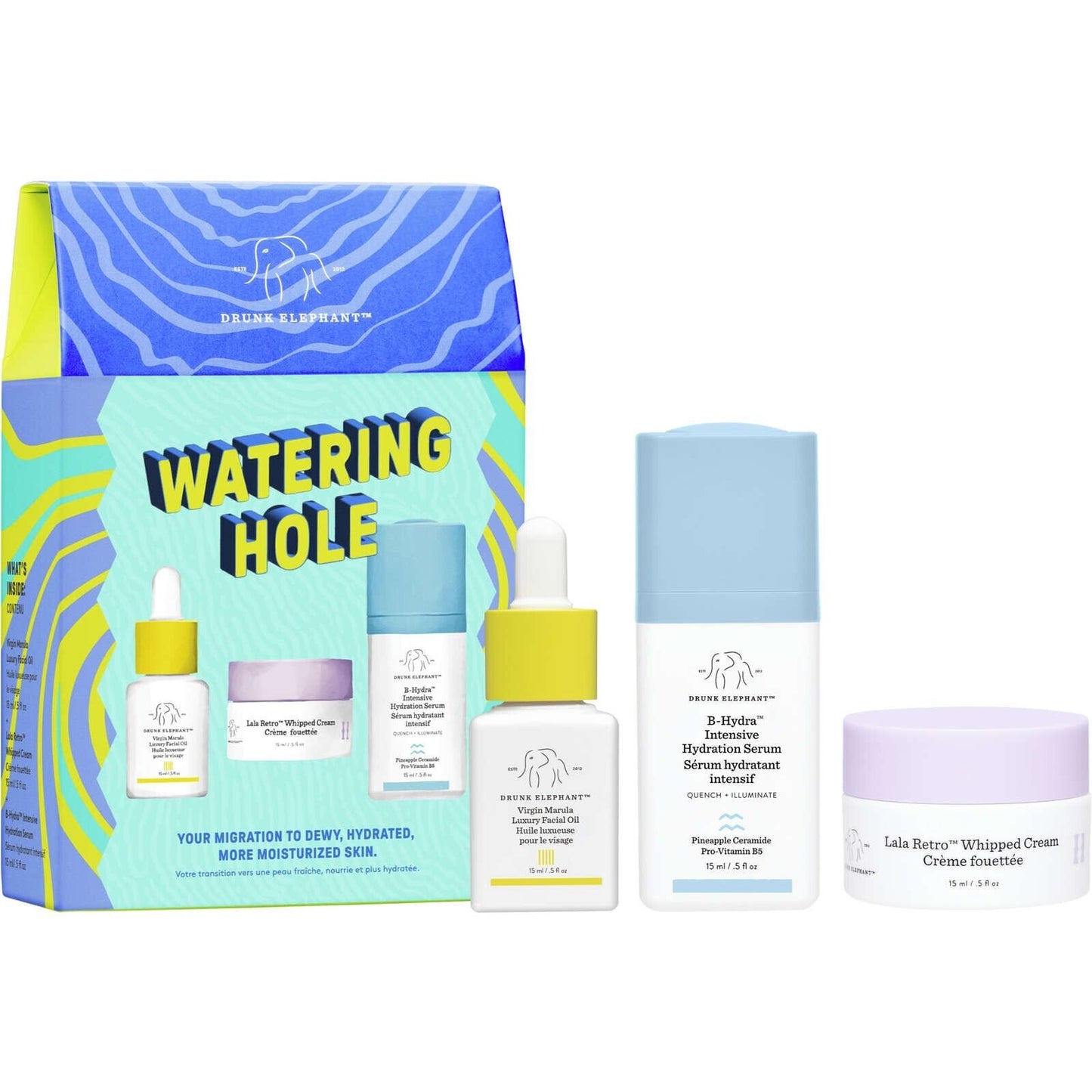 Drunk Elephant Watering Hole (Dewy Trio) B-Hydra Lala Retro Marula Oil 3pcs NEW