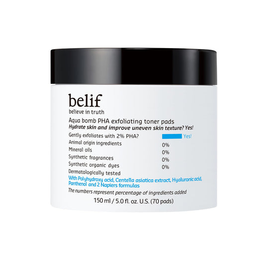 belif Aqua Bomb PHA Exfoliating Toner Pads | Moisturizer |Good for: Dryness, Uneven Texture, Pores, Dullness, Oiliness |Hydrating |for Oily, Combo, Normal Skin Types