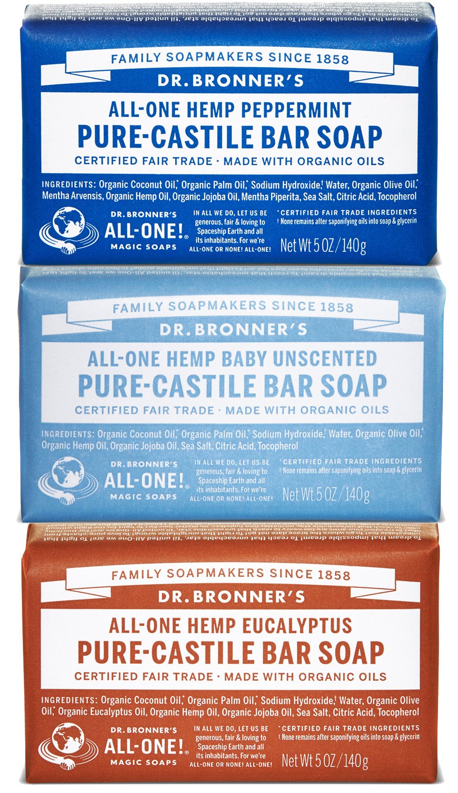 Dr. Bronner's Magic Soaps Pure-Castile Soap, Variety Pack, 5-Ounce Bars (Pack of 3) (Peppermint - Unscented - Eucalyptus)
