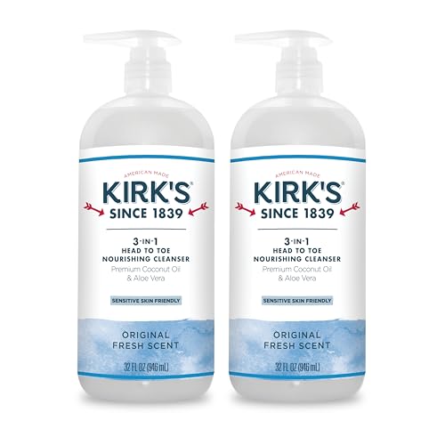 Kirk's 3-in-1 Castile Liquid Soap Head-to-Toe Natural Shampoo, Face Soap & Body Wash for Men, Women & Children | Coconut Oil + Aloe Vera | Original Fresh Scent | 32 Fl Oz. Pump Bottle (2-Pack)