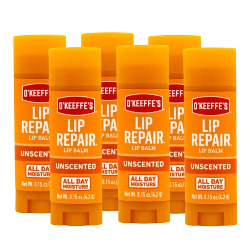 O'Keeffe's Unscented Lip Repair Lip Balm for Dry, Cracked Lips, Stick, (Pack of 6)