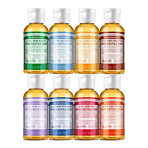 Dr. Bronner's - Pure-Castile Liquid Soap (2 Ounce Variety Gift Pack) Almond, Unscented, Citrus, Eucalyptus, Lavender, Peppermint, Rose, Tea Tree - Made with Organic Oils, For Face, Body and Hair