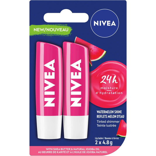 Nivea Watermelon Shine Lip Balm Duo Pamper Delicious Shimmery Subtle 4.8g NEW