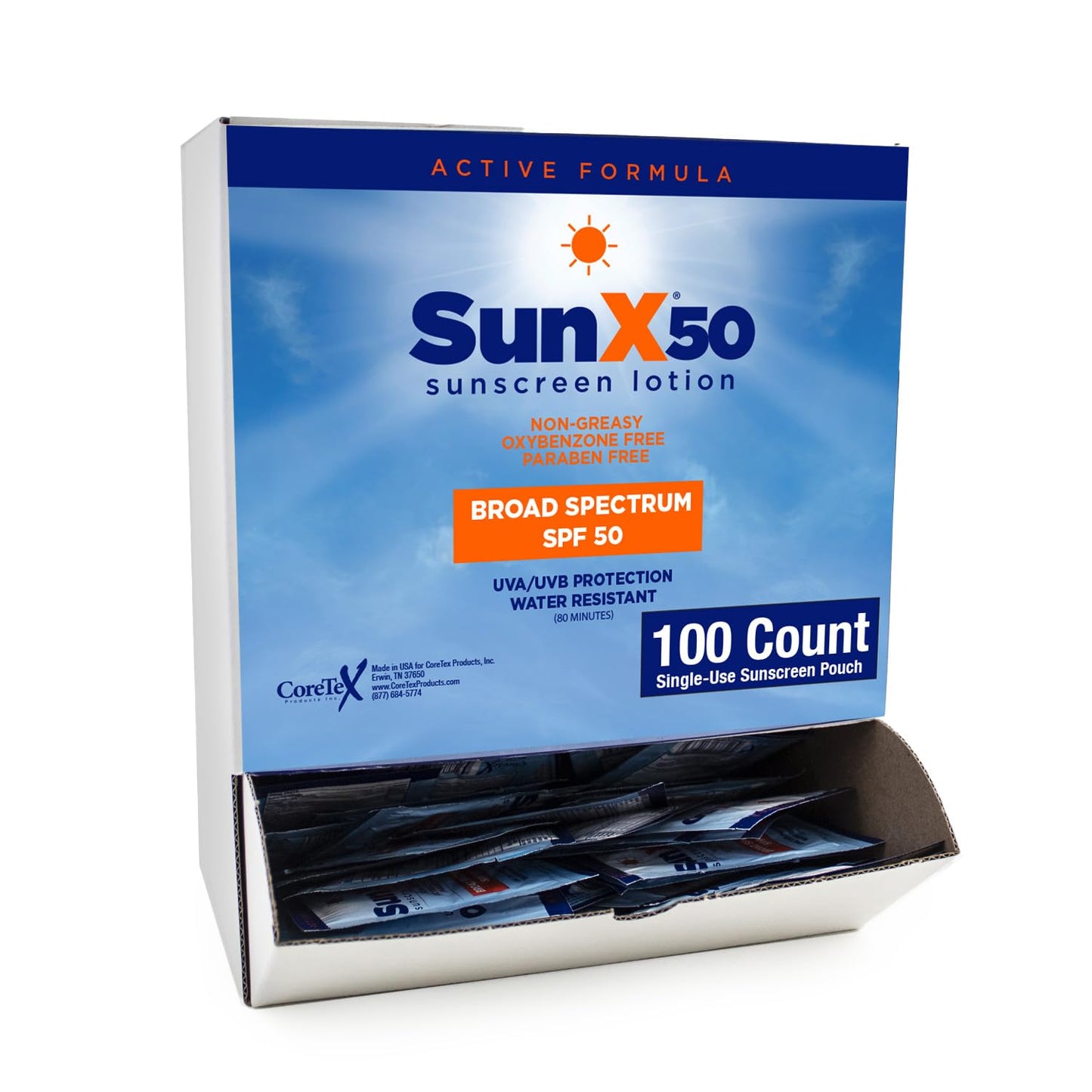 Sun X 50 SPF Individual Sunscreen Packets Travel Size - Pack of 100 Paraben, Oxybenzone, & White Cast Free Broad Spectrum SPF Sunscreen Packets - Water & Sweat Resistant For Up To 80 Minutes