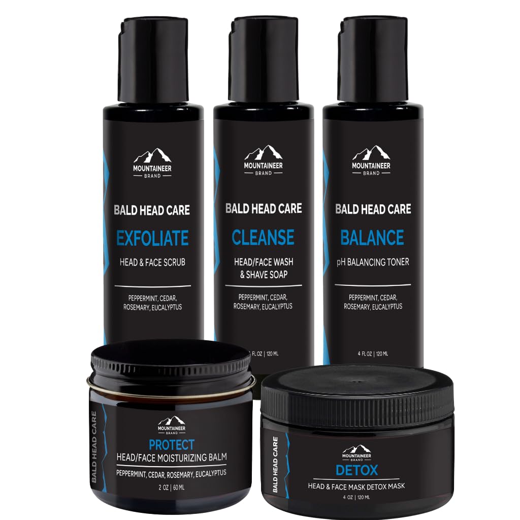 Mountaineer Brand Ultimate Bald Head Care Gifts Bundle For Men | All Natural 5 Step Skin Care for Healthy Scalp & Face | Exfoliate Scrub | Cleanse Wash | Shine Away | Moisturizing Balm | Detox