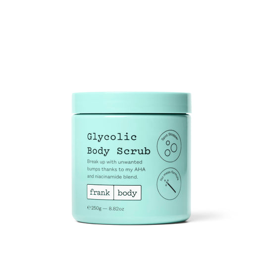 Frank Body Glycolic Body Scrub | Vegan, Cruelty Free, Exfoliating Body Scrub | Helps to Fight Breakouts and Soothes Skin & Marks with AHA, Pumice, Witch Hazel, and Niacinamide | 8.82 oz / 250 g