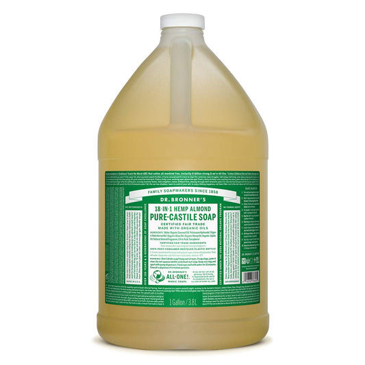 Dr. Bronner's - Pure-Castile Liquid Soap (Almond, 1 Gallon) - Made with Organic Oils, 18-in-1 Uses: Face, Body, Hair, Laundry, Pets and Dishes, Concentrated, Vegan, Non-GMO