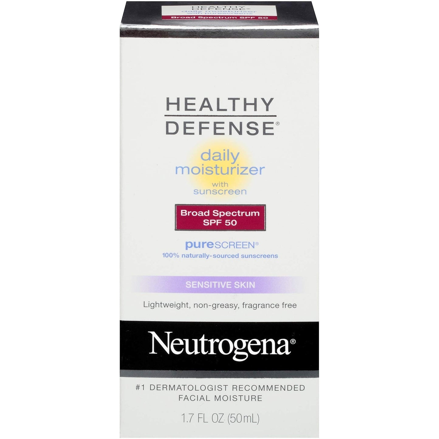 Neutrogena Healthy Defense Daily Moisturizer for Sensitive Skin with SPF 50, Mineral Sunscreen with Zinc Dioxide & Titanium Dioxide, Oil-Free & Fragrance-Free, 1.7 fl. oz