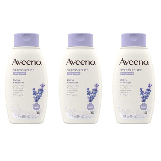 Aveeno Stress Relief Body Wash with Soothing Oat, Lavender, Chamomile & Ylang-Ylang Essential Oils, Hypoallergenic, Dye-Free & Soap-Free Calming Body Wash, 12 fl. Oz (Pack of 3)