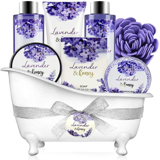 Bath and Body Gift Set - Lavender Gifts for Women, Body & Earth Bath & Shower Sets, 8 Pcs Lavender Honey Gift Sets with Bubble Bath, Lotion Set, Soap, Spa Kit for Women, Valentines Day Gifts for Her