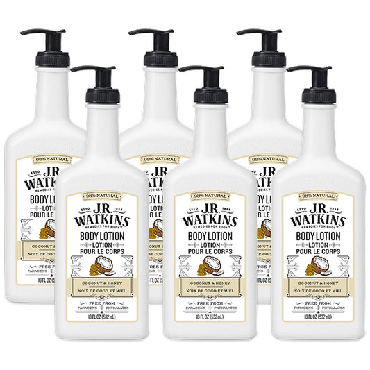 J.R. Watkins Daily Moisturizing Lotion – Body Cream in Pump Dispenser – Hydrating Skin Cream Made with Shea Butter, Cocoa Butter, Coconut Oil & Vitamin E, Coconut Milk & Honey, 18 fl oz, 6 Pack