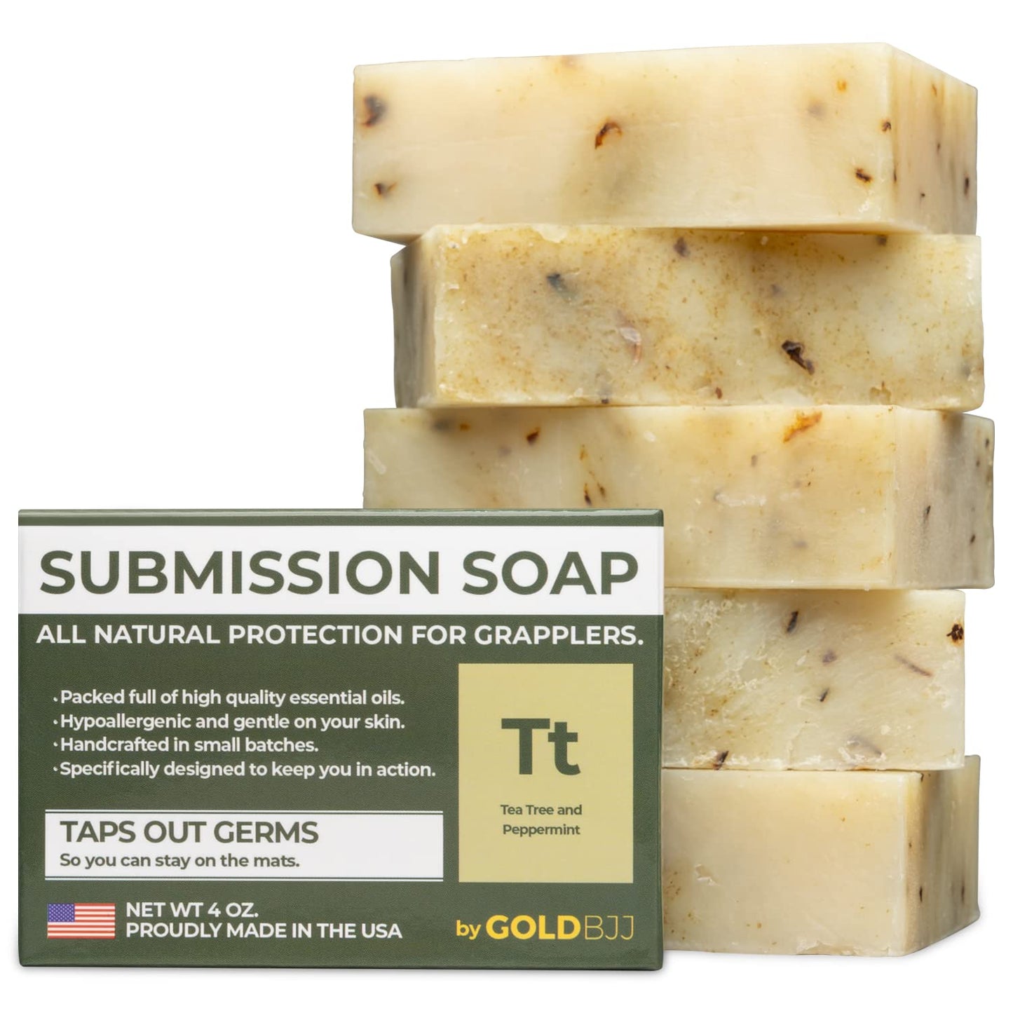 Premium Tea Tree Oil Soap - USA Made Bar Soap for BJJ, Jiu Jitsu, Wrestling, and Grappling (5-Pack of 4 Ounce Soap Bars, Peppermint Tea Tree)