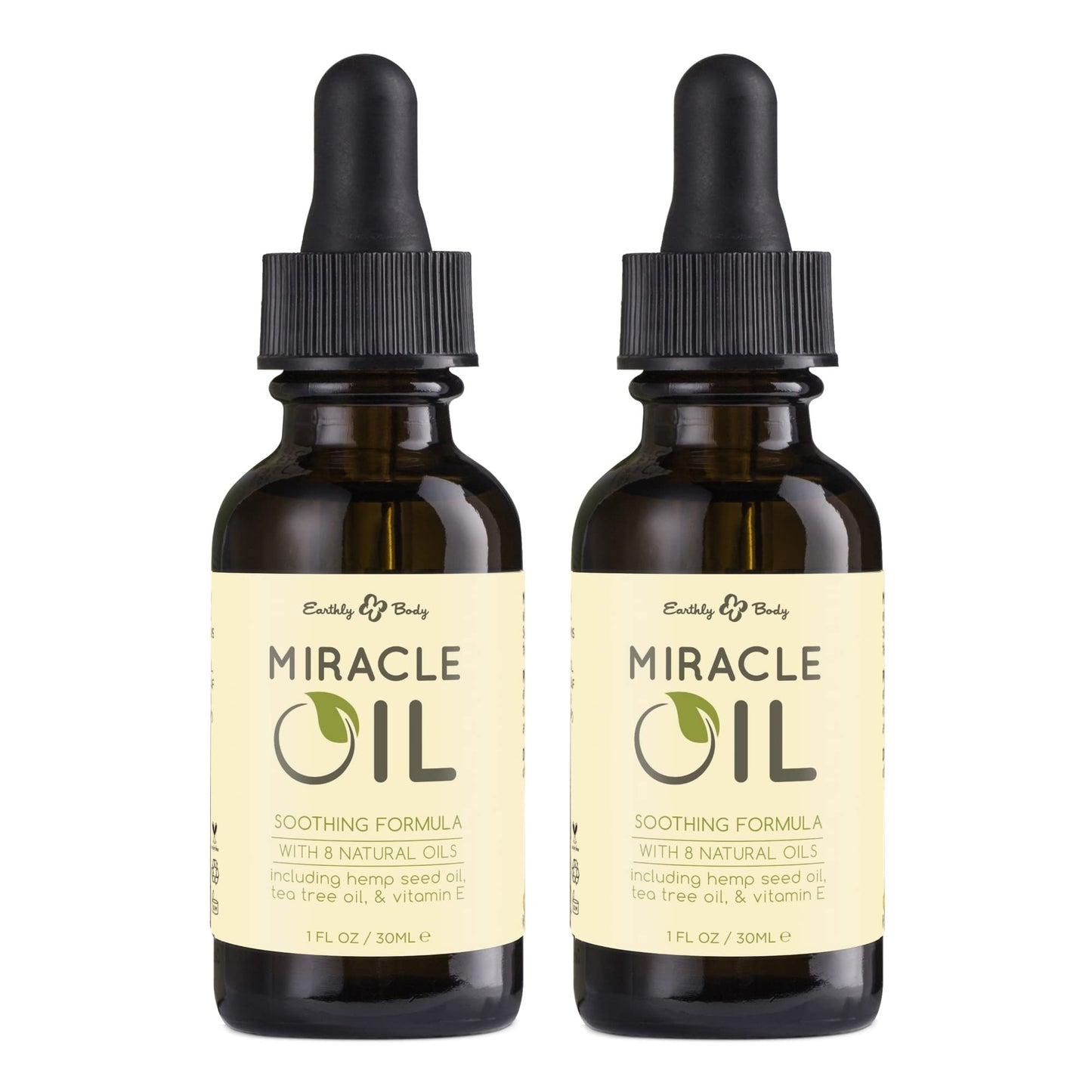 Earthly Body Miracle Oil, 1 fl. oz. - 2 Pack - 100% Natural Tea Tree Oil, Hemp Seed Oil & Vitamin E - Moisturizer, Calms Skin Irritations, Helps Smooth Wrinkles - Gluten Free, 100% Vegan