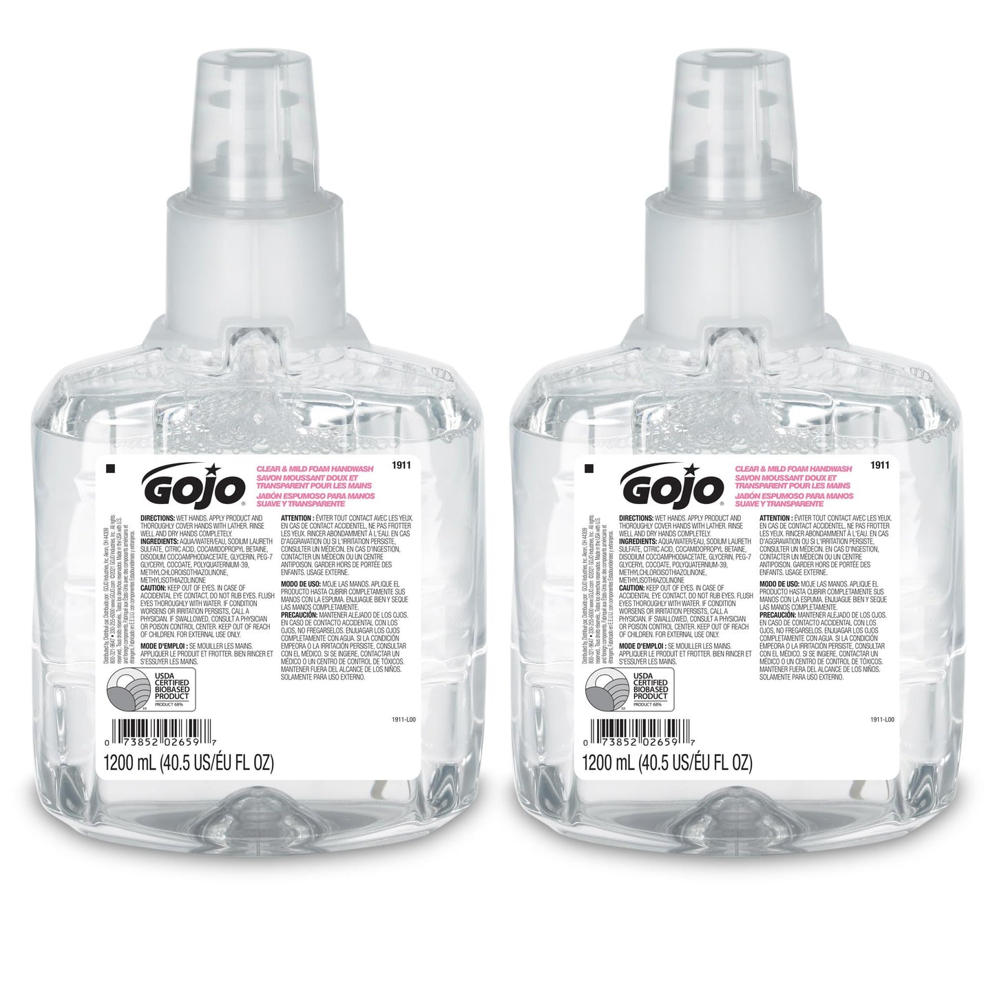 Gojo Clear & Mild Foam Handwash, EcoLogo Certified, 1200 mL Foam Hand Soap Refill LTX-12 Touch-Free Dispenser (Pack of 2) - 1911-02