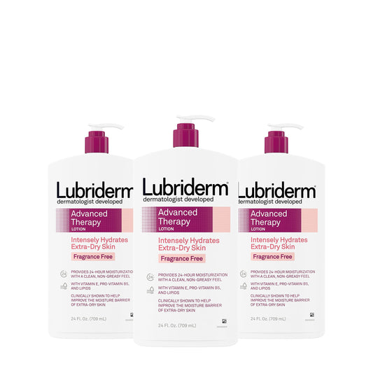 Lubriderm Advanced Therapy Fragrance-Free Moisturizing Lotion with Vitamins E and Pro-Vitamin B5, Intense Hydration for Extra Dry Skin, Non-Greasy Formula, Pack of Three, 3 x 24 fl. oz