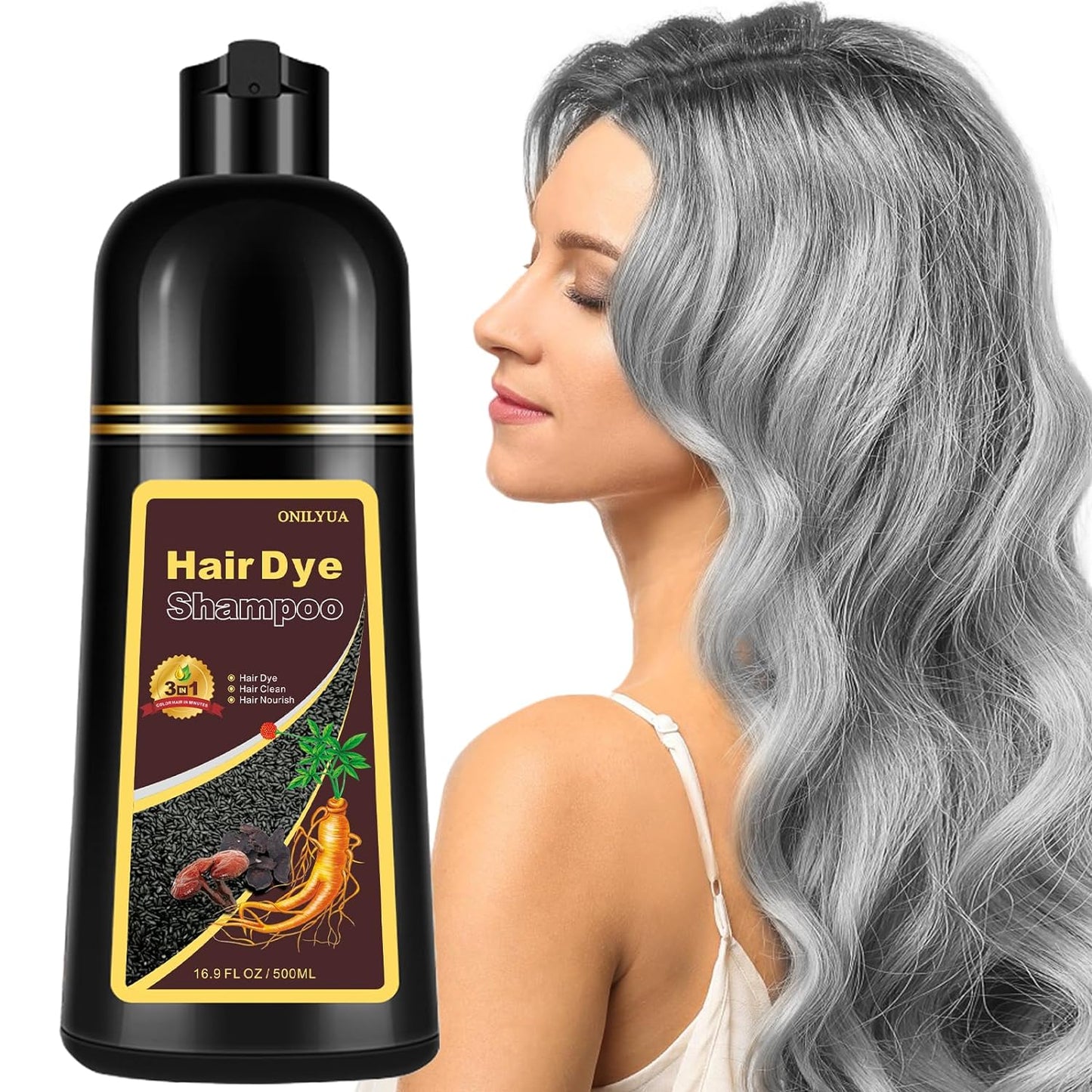 Natural Silver Gray Hair Color Shampoo 500ml, 3-IN-1 Hair Dye Shampoo, Hair Nourishing & Dyeing for Men Women Colors in 10-15 mins, Silver Hair Dye Color Easy to Use（Natural Silver Gray）