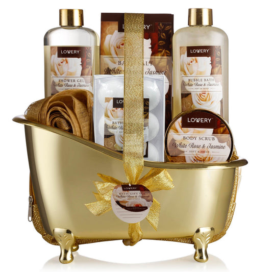 Home Spa Gift Basket, Luxury 13 Piece Bath & Body Set For Men & Women, White Rose & Jasmine Scent - Shower Gel, Bubble Bath, Body Scrub, Salts, 6 Bath Bombs, Pouf, Cosmetic Bag & Gold Tub