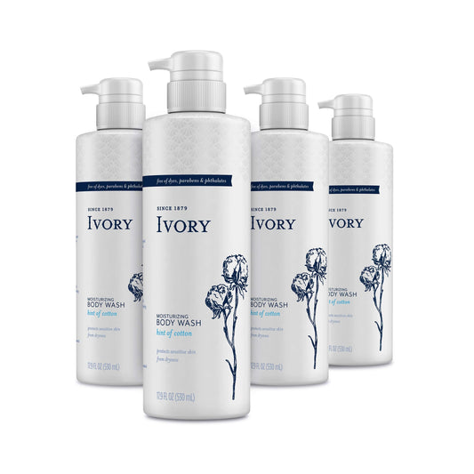 Ivory Sensitive Skin Moisturizing Body Wash, Hint of Cotton, 17.9 Fl Oz (Pack of 4)