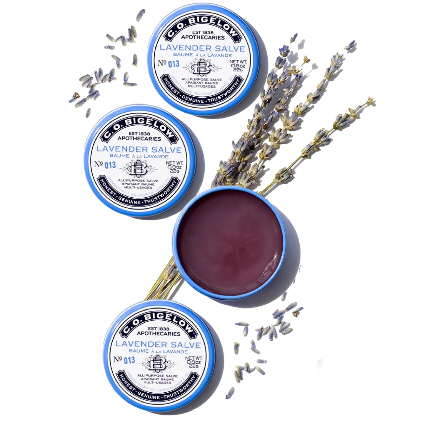 C.O. Bigelow All Purpose Salve Lip Balm Tins, Lavender Salve Pack of 3 for Chapped Lips & Dry Skin - Moisturizing Lip, Cuticle and Skin Salves, 0.8 oz each